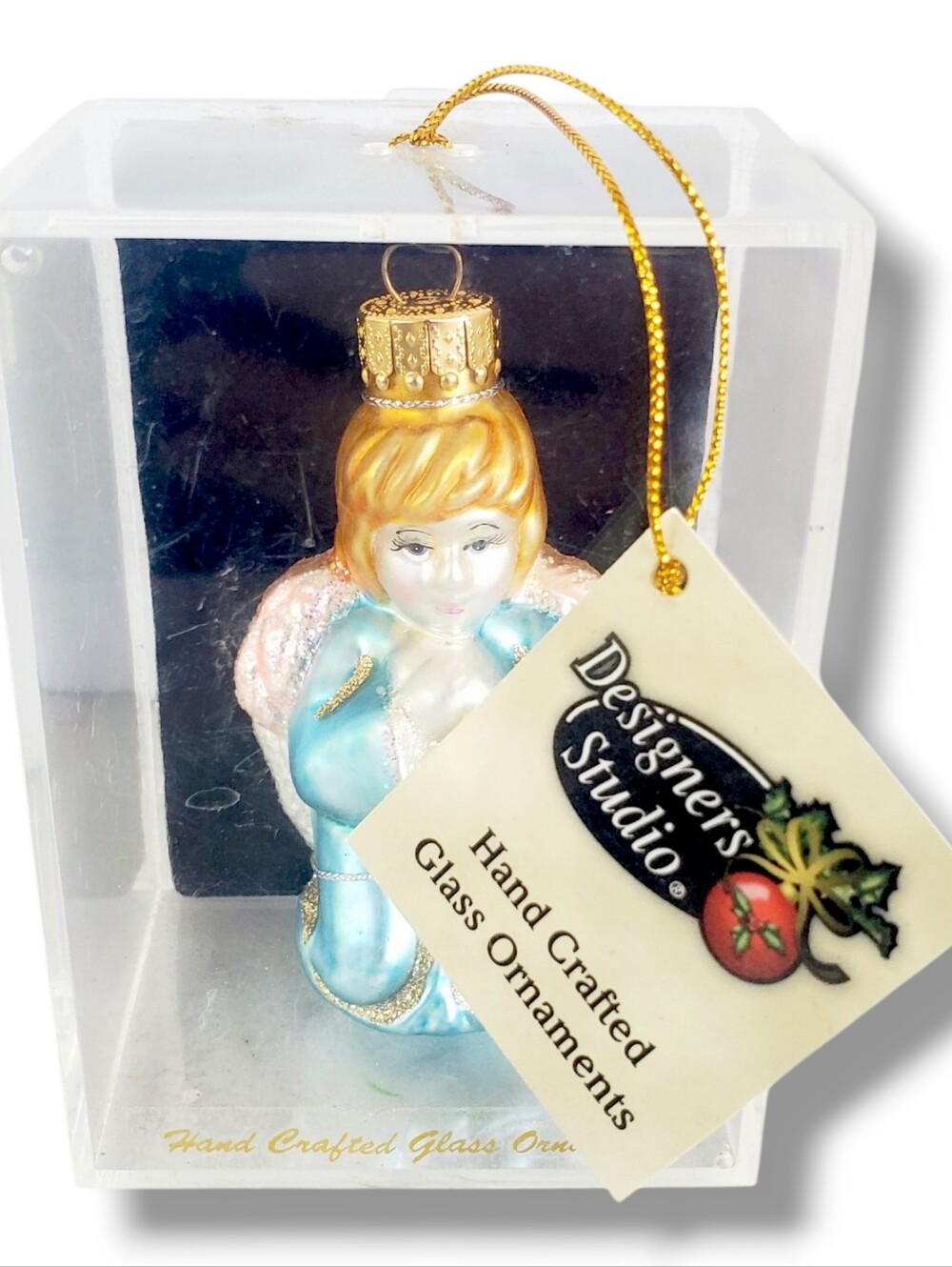 Designers Studio Hand Crafted Glass Ornaments Kneeled Pray Angel Blue Gold N.I.B